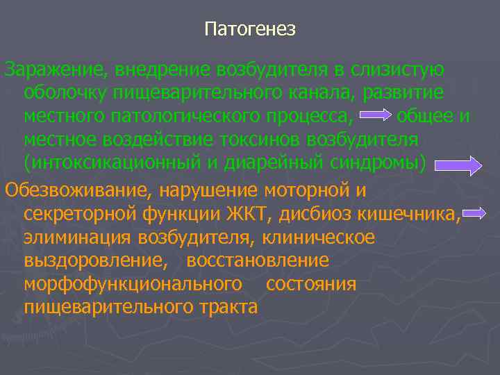 Патогенез Заражение, внедрение возбудителя в слизистую оболочку пищеварительного канала, развитие местного патологического процесса, общее