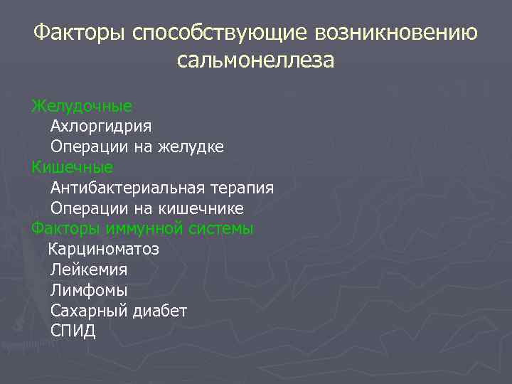 Факторы способствующие возникновению сальмонеллеза Желудочные Ахлоргидрия Операции на желудке Кишечные Антибактериальная терапия Операции на