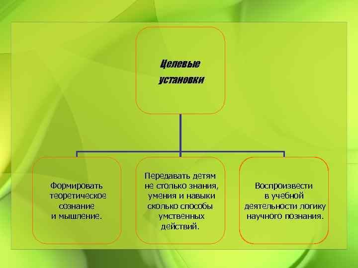 Целевые установки Формировать теоретическое сознание и мышление. Пeредавать детям не столько знания, умения и