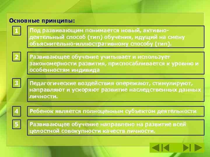 Основные принципы: 1 Под развивающим понимается новый, активнодеятельный способ (тип) обучения, идущий на смену