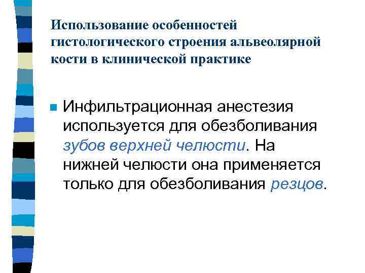 Использование особенностей гистологического строения альвеолярной кости в клинической практике n Инфильтрационная анестезия используется для