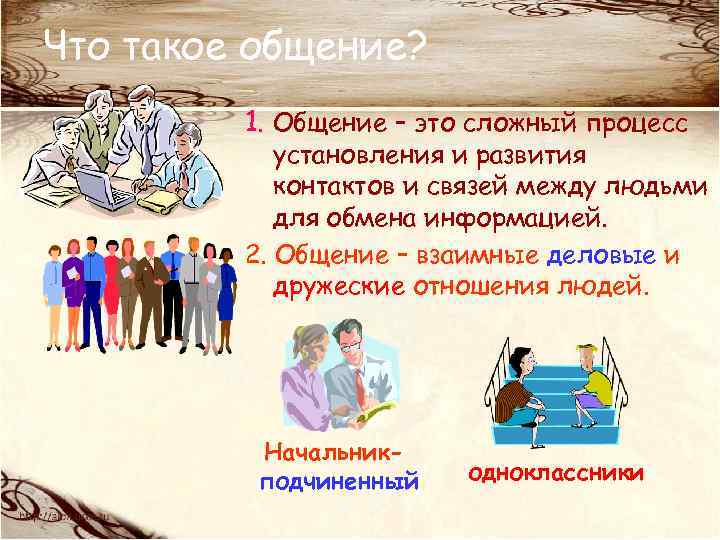 Что такое общение? 1. Общение – это сложный процесс установления и развития контактов и