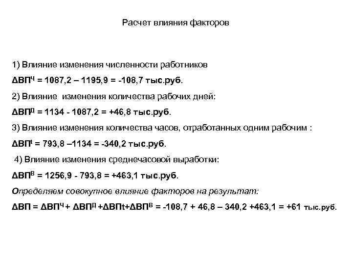 Расчет влияния факторов 1) Влияние изменения численности работников ΔВПЧ = 1087, 2 – 1195,