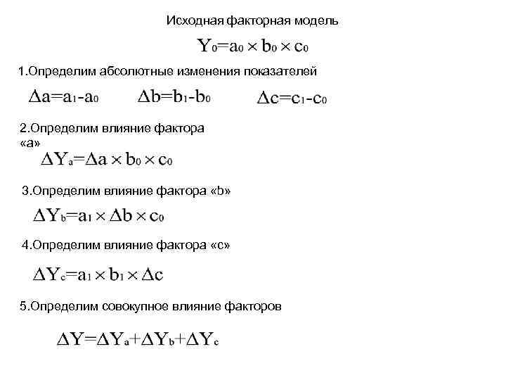 Исходная факторная модель 1. Определим абсолютные изменения показателей 2. Определим влияние фактора «a» 3.