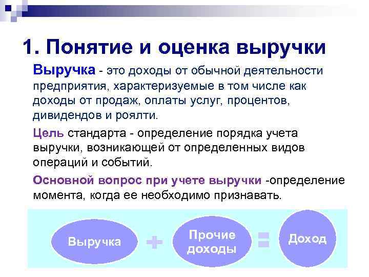 1. Понятие и оценка выручки Выручка - это доходы от обычной деятельности предприятия, характеризуемые