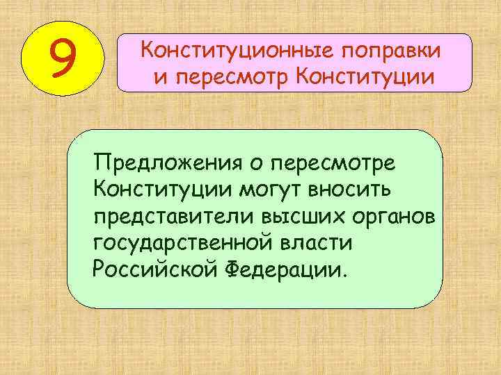 9 Конституционные поправки и пересмотр Конституции Предложения о пересмотре Конституции могут вносить представители высших