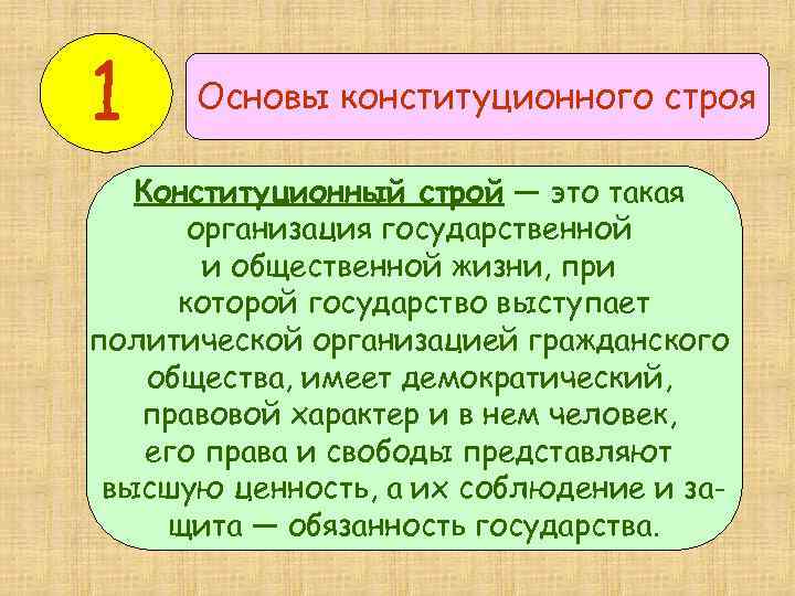 1 Основы конституционного строя Конституционный строй — это такая организация государственной и общественной жизни,