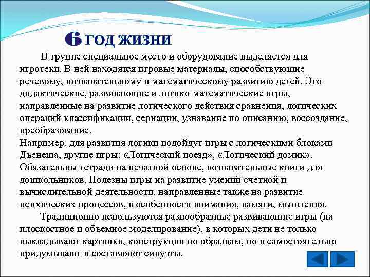 ГОД ЖИЗНИ В группе специальное место и оборудование выделяется для игротеки. В ней находятся
