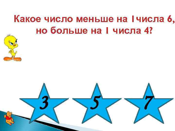 Какое число меньше на 1 числа 6, но больше на 1 числа 4? 3