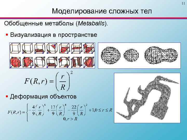 11 Моделирование сложных тел Обобщенные метаболы (Metaballs). § Визуализация в пространстве § Деформация объектов