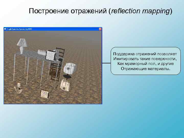 Построение отражений (reflection mapping) Поддержка отражений позволяет Имитировать такие поверхности, Как мраморный пол, и