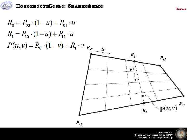 Повехности Безье: билинейные Curves P 00 R 0 P 01 P 11 R 1