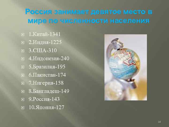 Россия занимает девятое место в мире по численности населения 1. Китай-1341 2. Индия-1225 3.