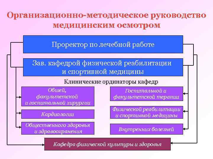 Организационно-методическое руководство медицинским осмотром Проректор по лечебной работе Зав. кафедрой физической реабилитации и спортивной
