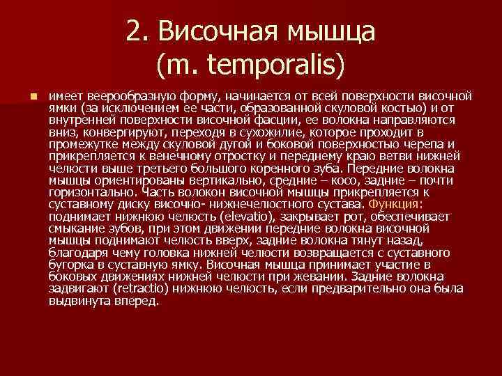 2. Височная мышца (m. temporalis) n имеет веерообразную форму, начинается от всей поверхности височной