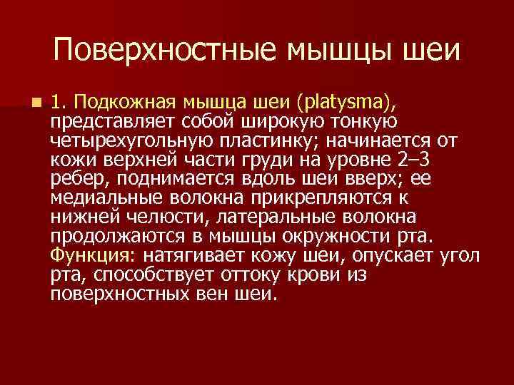 Поверхностные мышцы шеи n 1. Подкожная мышца шеи (platysma), представляет собой широкую тонкую четырехугольную