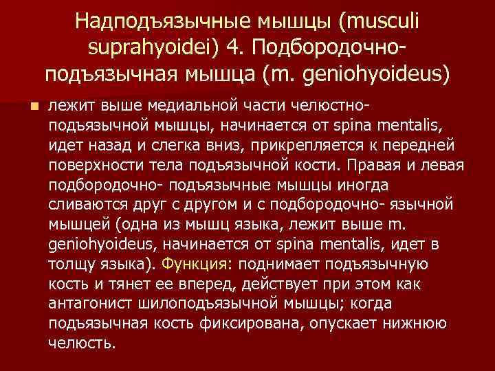 Надподъязычные мышцы (musculi suprahyoidei) 4. Подбородочноподъязычная мышца (m. geniohyoideus) n лежит выше медиальной части