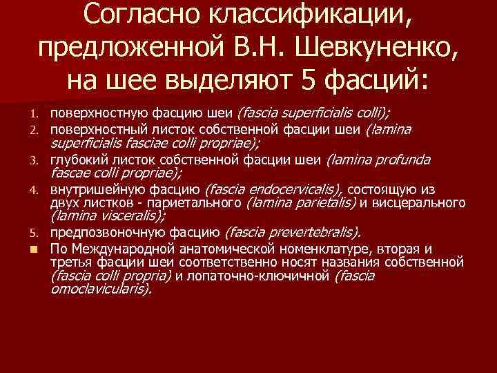 Согласно классификации, предложенной В. Н. Шевкуненко, на шее выделяют 5 фасций: 1. 2. поверхностную