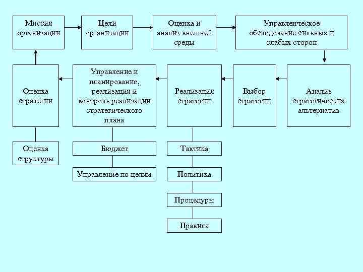 Миссия организации Оценка стратегии Оценка структуры Цели организации Оценка и анализ внешней среды Управление