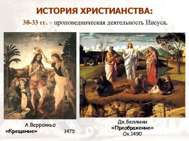 ИСТОРИЯ ХРИСТИАНСТВА: 30 -33 гг. – проповедническая деятельность Иисуса. А. Верроккьо «Крещение» 1475 Дж.