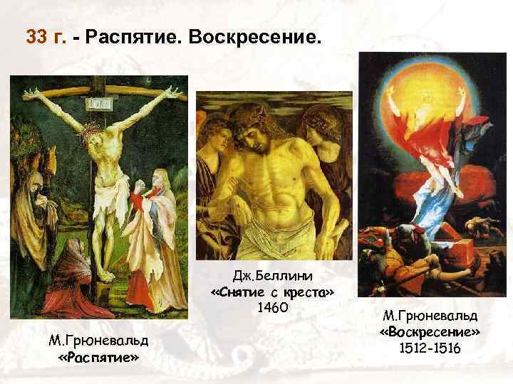 33 г. - Распятие. Воскресение. Дж. Беллини «Снятие с креста» 1460 М. Грюневальд «Распятие»