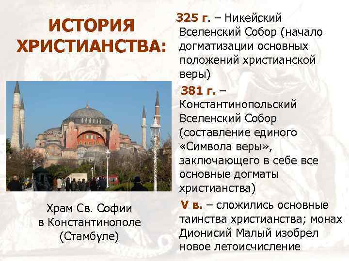ИСТОРИЯ ХРИСТИАНСТВА: Храм Св. Софии в Константинополе (Стамбуле) 325 г. – Никейский Вселенский Собор