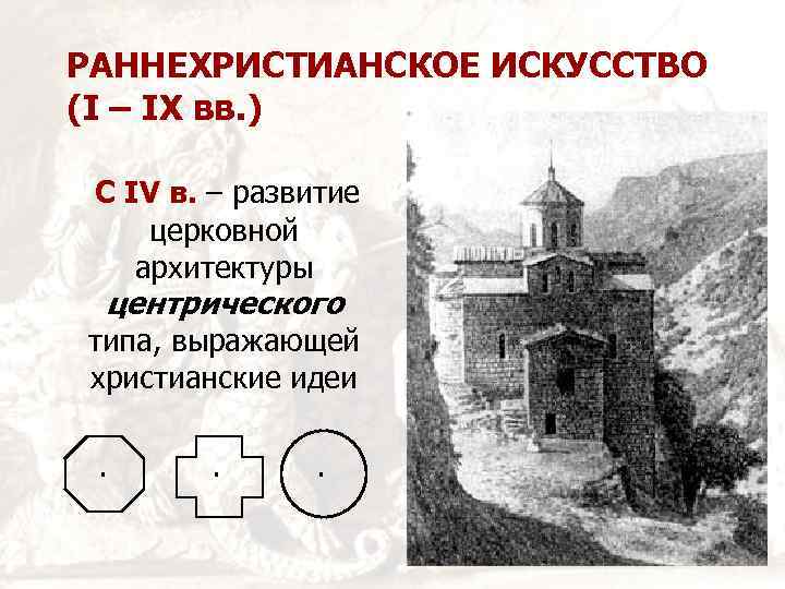 РАННЕХРИСТИАНСКОЕ ИСКУССТВО (I – IX вв. ) С IV в. – развитие церковной архитектуры