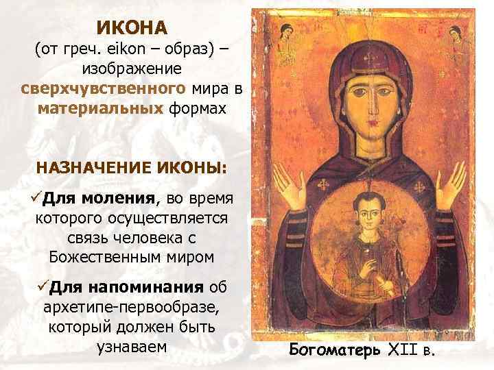 ИКОНА (от греч. eikon – образ) – изображение сверхчувственного мира в материальных формах НАЗНАЧЕНИЕ