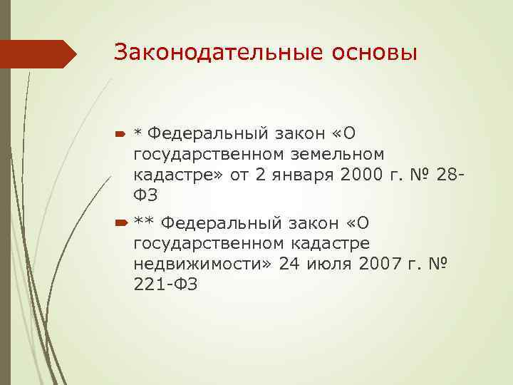 Законодательные основы * Федеральный закон «О государственном земельном кадастре» от 2 января 2000 г.