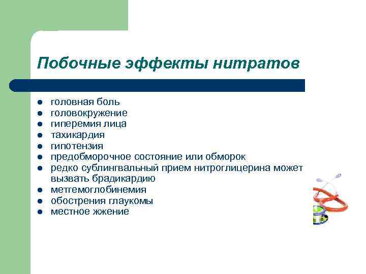 Побочные эффекты нитратов l головная боль l головокружение l гиперемия лица l тахикардия l