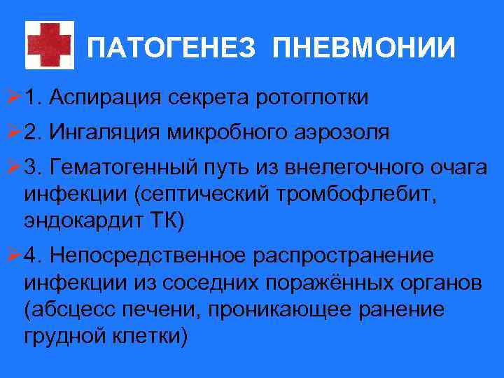  ПАТОГЕНЕЗ ПНЕВМОНИИ Ø 1. Аспирация секрета ротоглотки Ø 2. Ингаляция микробного аэрозоля Ø