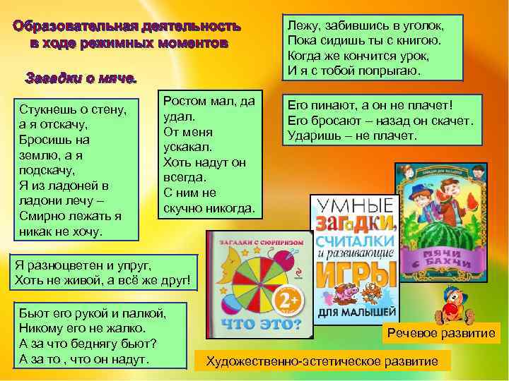 Образовательная деятельность в ходе режимных моментов Загадки о мяче. Стукнешь о стену, а я