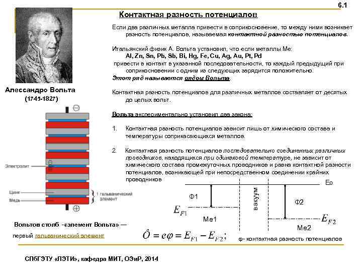 6. 1 Контактная разность потенциалов Если два различных металла привести в соприкосновение, то между