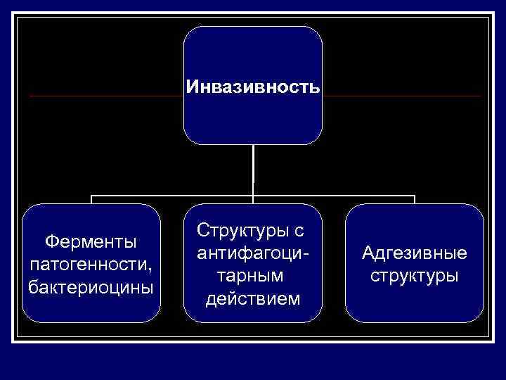 Инвазивность Ферменты патогенности, бактериоцины Структуры с антифагоцитарным действием Адгезивные структуры 