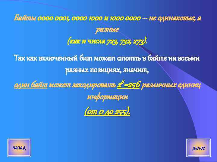 Байты 0000 0001, 0000 1000 и 1000 0000 – не одинаковые, а разные (как