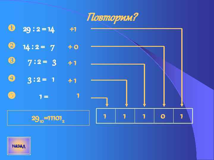u 29 : 2 = 14 +1 v 14 : 2 = 7 Повторим?