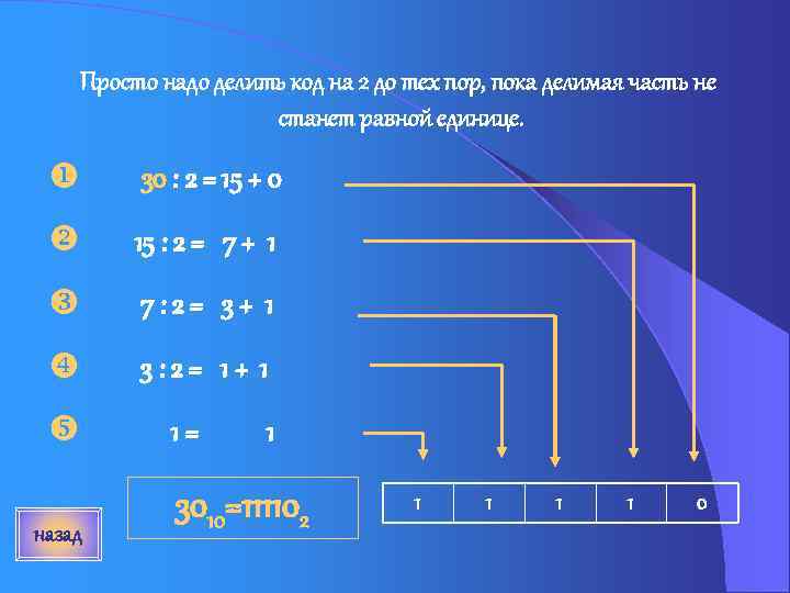 Просто надо делить код на 2 до тех пор, пока делимая часть не станет