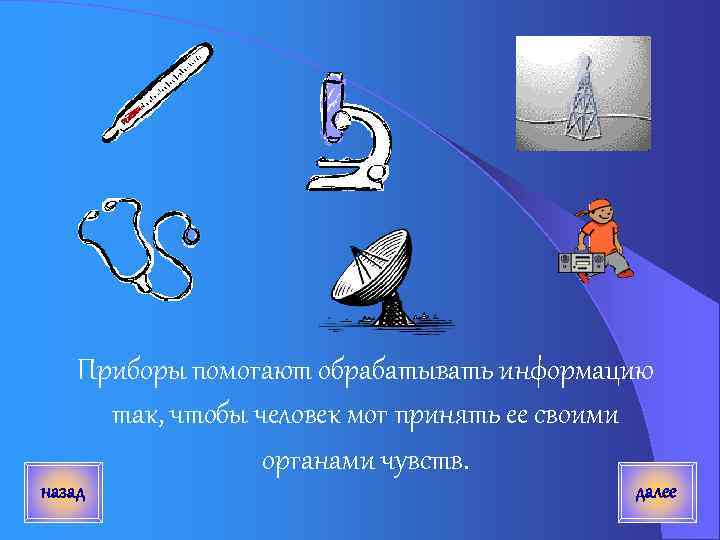 Приборы помогают обрабатывать информацию так, чтобы человек мог принять ее своими органами чувств. назад