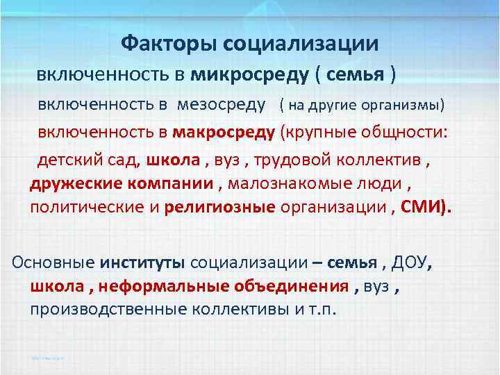 Факторы социализации включенность в микросреду ( семья ) включенность в мезосреду ( на другие