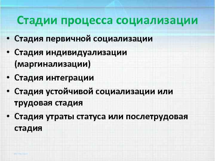 Стадии процесса социализации • Стадия первичной социализации • Стадия индивидуализации (маргинализации) • Стадия интеграции