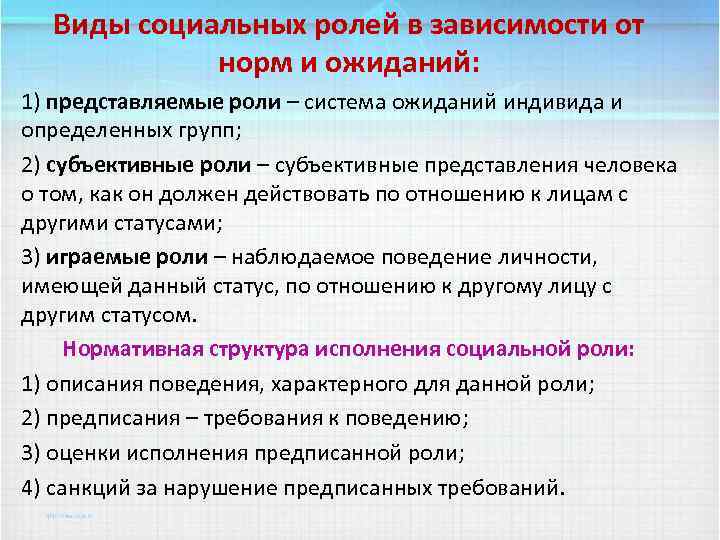 Виды социальных ролей в зависимости от норм и ожиданий: 1) представляемые роли – система