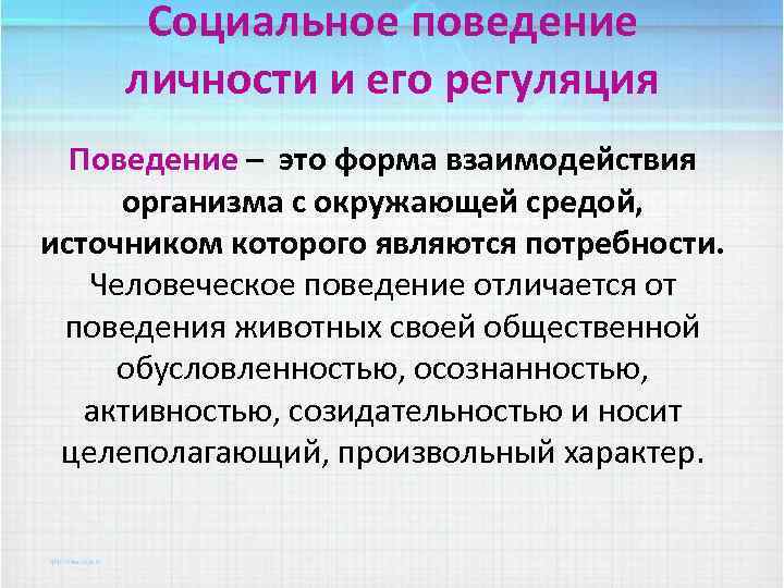 Социальное поведение личности и его регуляция Поведение – это форма взаимодействия организма с окружающей