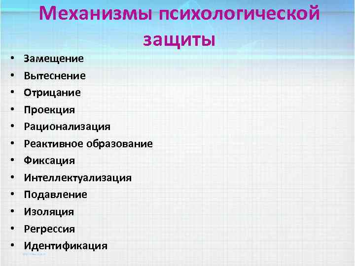  • • • Механизмы психологической защиты Замещение Вытеснение Отрицание Проекция Рационализация Реактивное образование