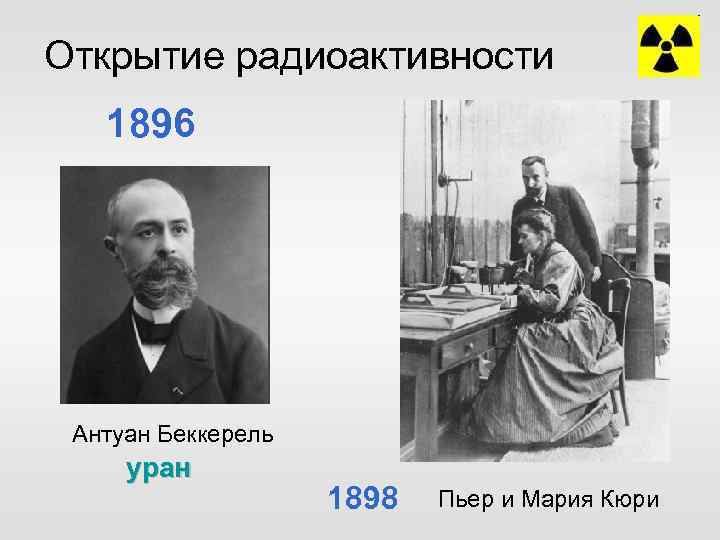 Открытие радиоактивности 1896 Антуан Беккерель уран 1898 Пьер и Мария Кюри 