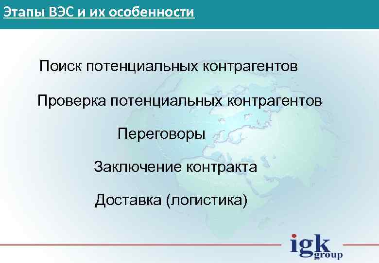 Этапы ВЭС и их особенности Поиск потенциальных контрагентов Проверка потенциальных контрагентов Переговоры Заключение контракта