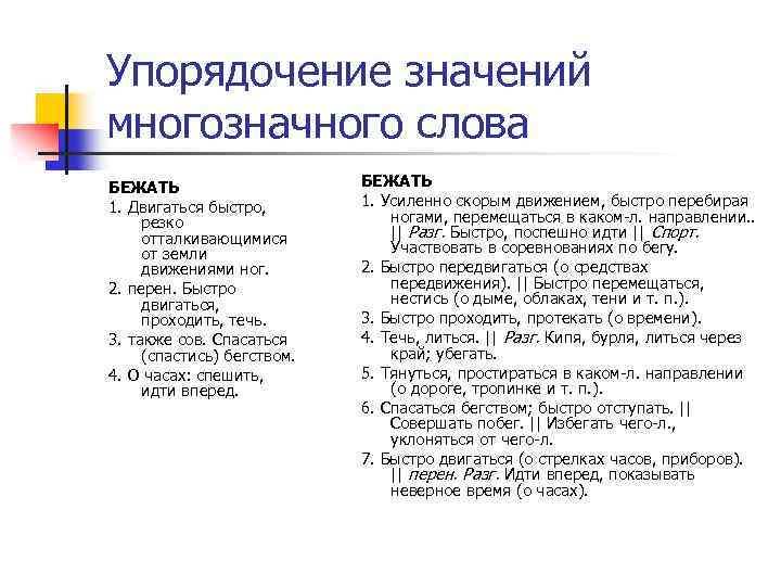 Упорядочение значений многозначного слова БЕЖАТЬ 1. Двигаться быстро, резко отталкивающимися от земли движениями ног.