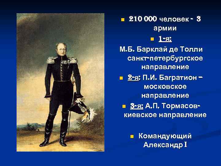 210 000 человек - 3 армии n 1 -я: М. Б. Барклай де Толли