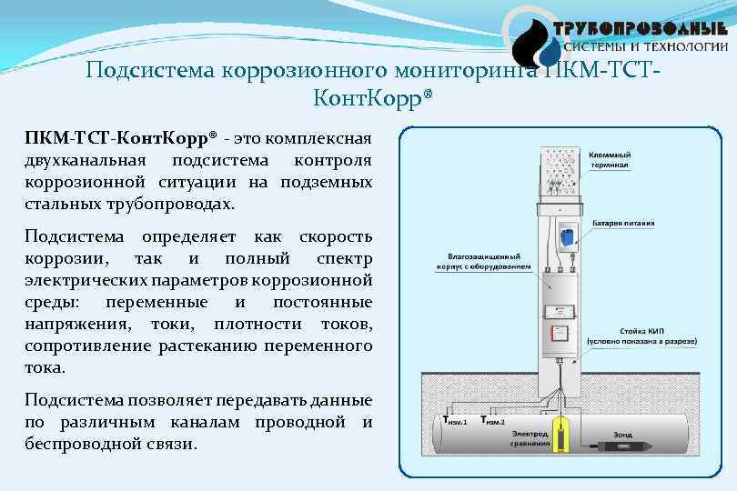 Подсистема коррозионного мониторинга ПКМ-ТСТКонт. Корр® ПКМ-ТСТ-Конт. Корр® - это комплексная двухканальная подсистема контроля коррозионной