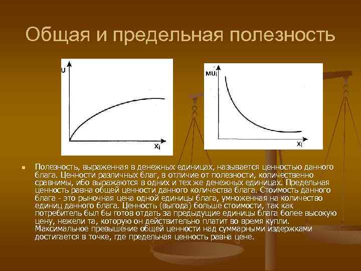 Общая и предельная полезность n Полезность, выраженная в денежных единицах, называется ценностью данного блага.