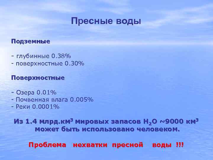 Пресные воды Подземные - глубинные 0. 38% - поверхностные 0. 30% Поверхностные - Озера